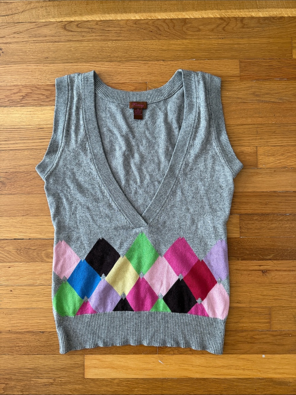 Gray Argyle V-Neck Sleeveless Knit Tank Top